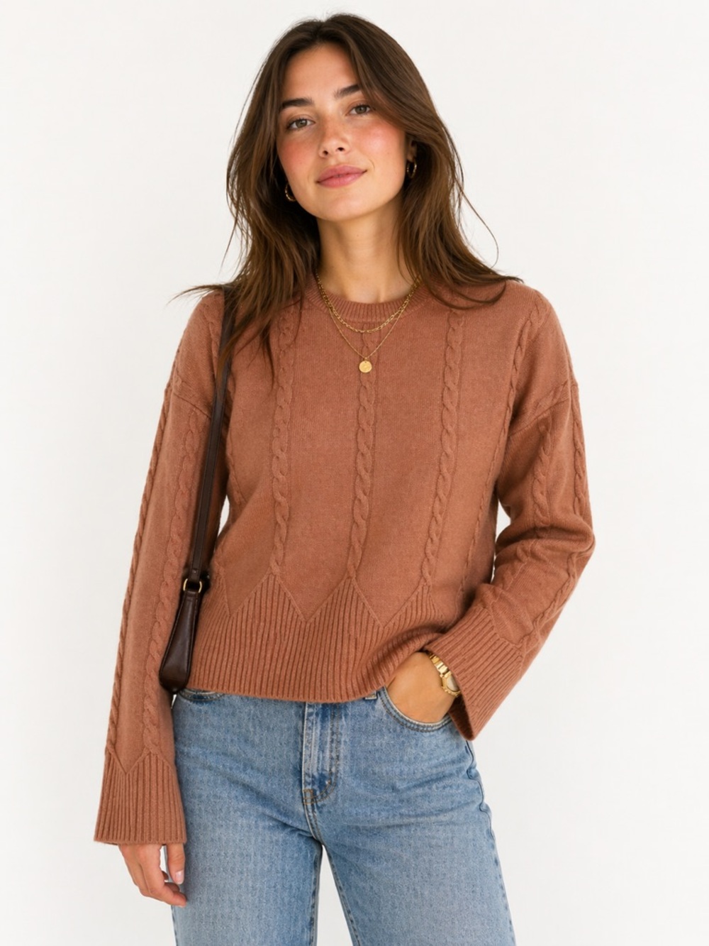 Marled Cable Crewneck Sweater in Rust Brown